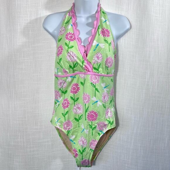 Lilly Pulitzer One Piece Floral Dragonfly Ruffle Halter Swimsuit Size 6